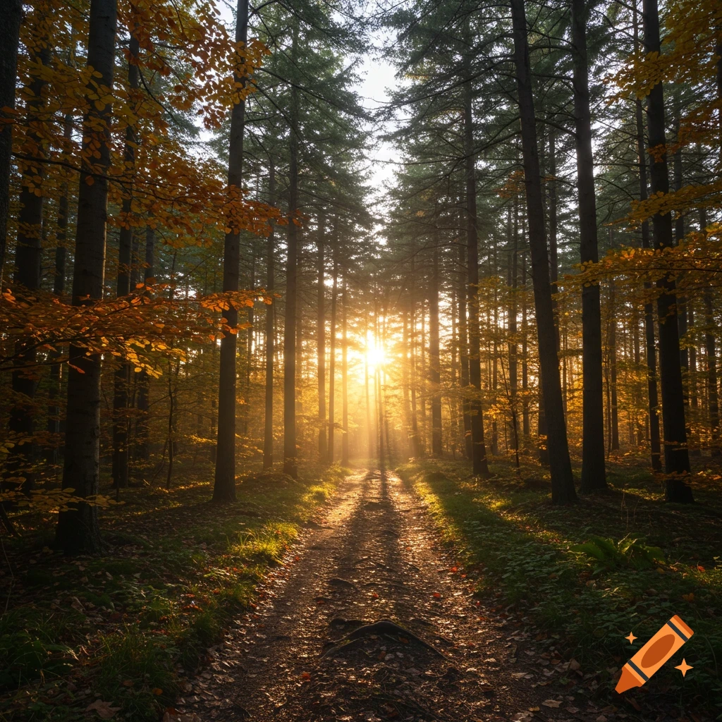 Forest path with sun rays filtering through tall trees during sunset or sunrise.