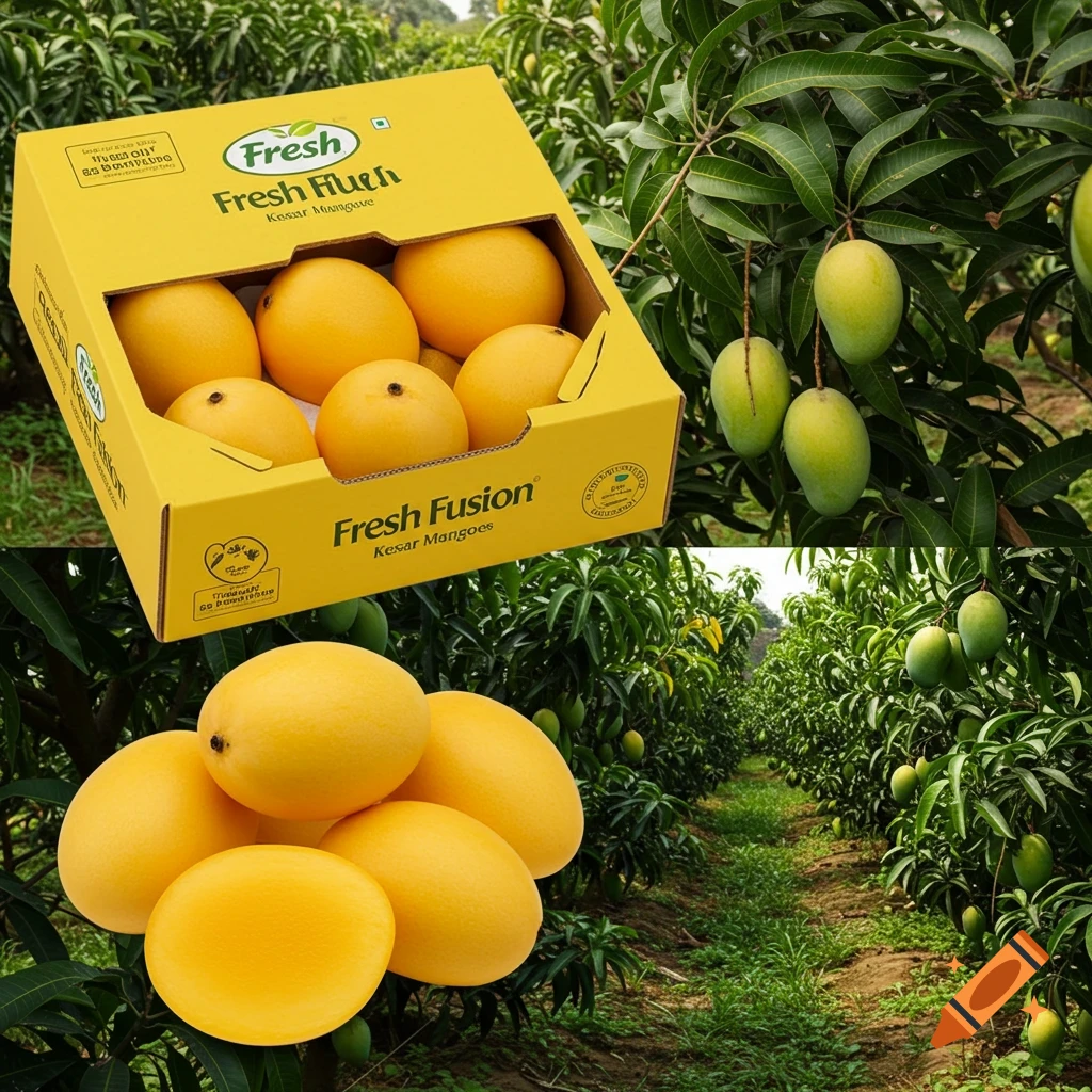 Photorealistic image showing a box of Kesar mangoes, a pile of mangoes, and mango trees on a farm.