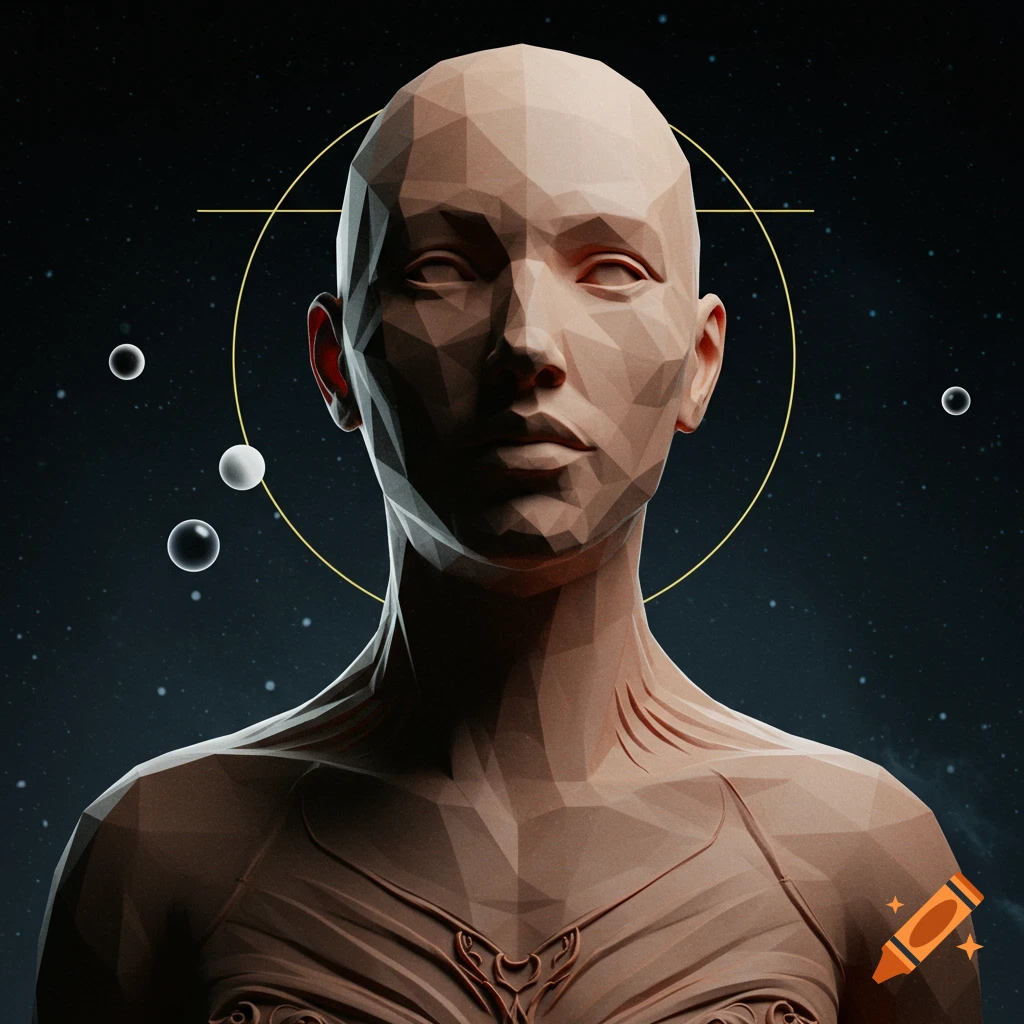 Surreal geometric portrait of a figure against a starry sky with abstract spheres
