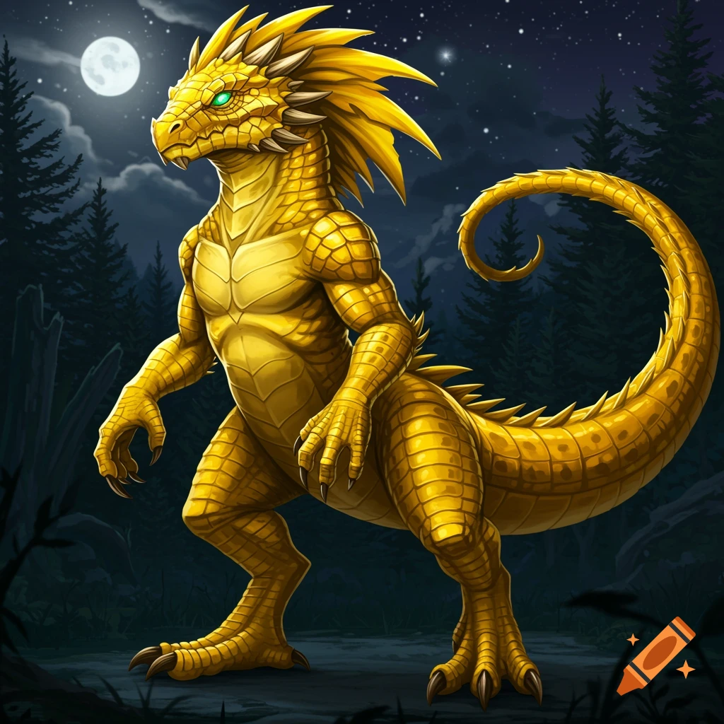 A yellow scaled creature stands in a dark forest under a moonlit sky.