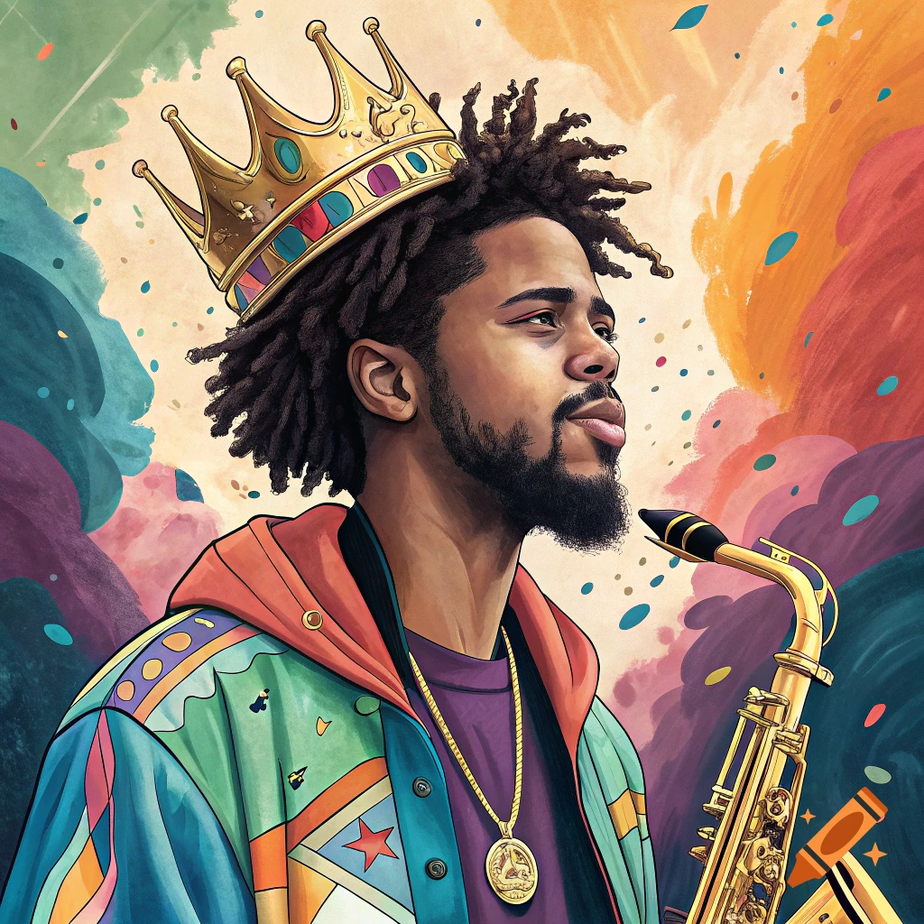 Portrait of a man with dreadlocks and a crown holding a saxophone against a colorful background.