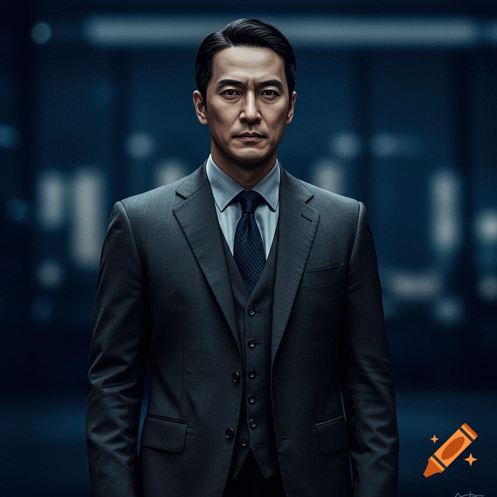 A man in a dark suit and tie stands in a dimly lit room.