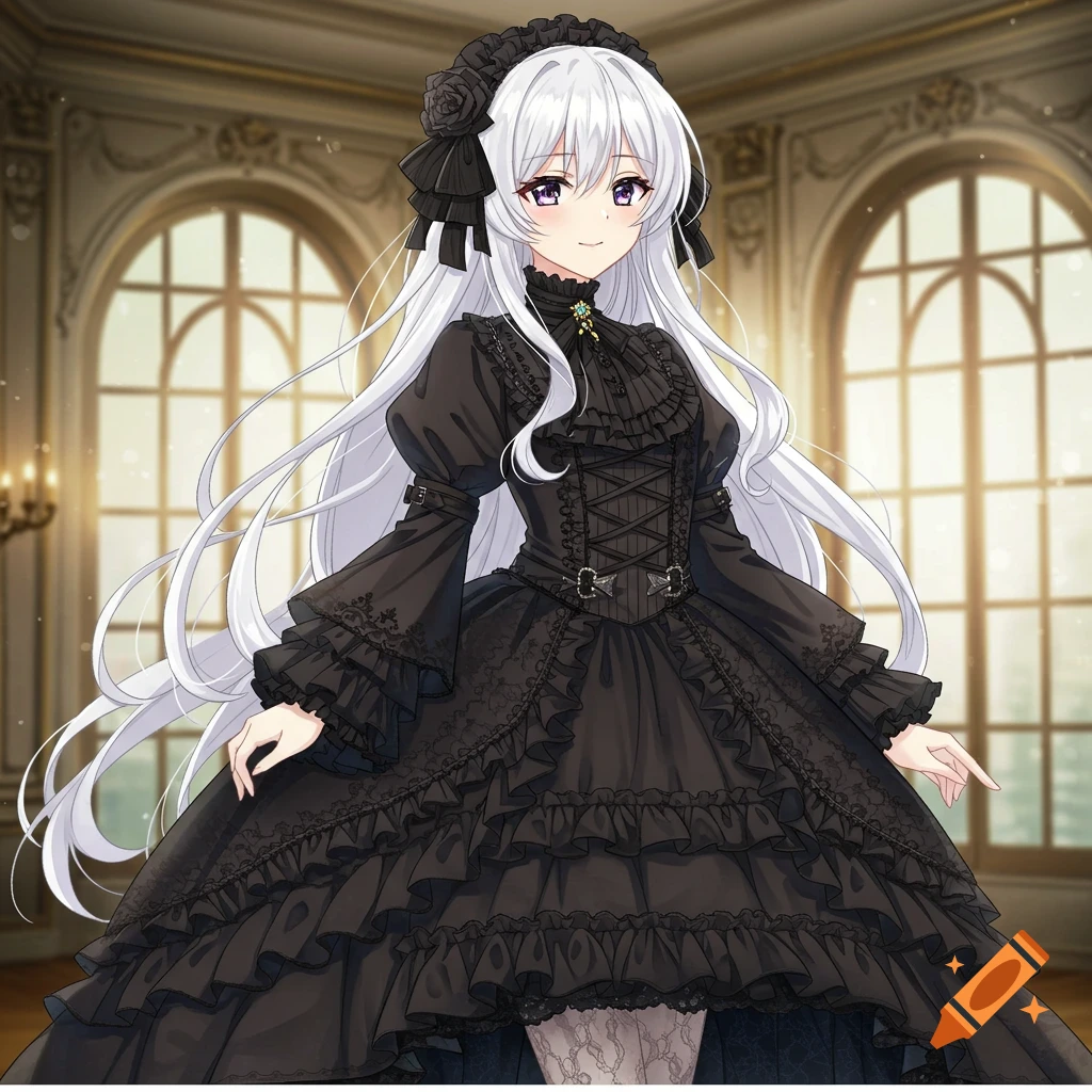 Anime girl with long white hair in a black Victorian noblewoman's dress standing in a room.