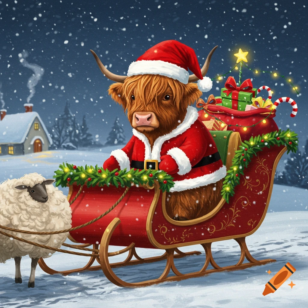 A Highland cow dressed as Santa in a sleigh pulled by a sheep in a snowy winter scene.