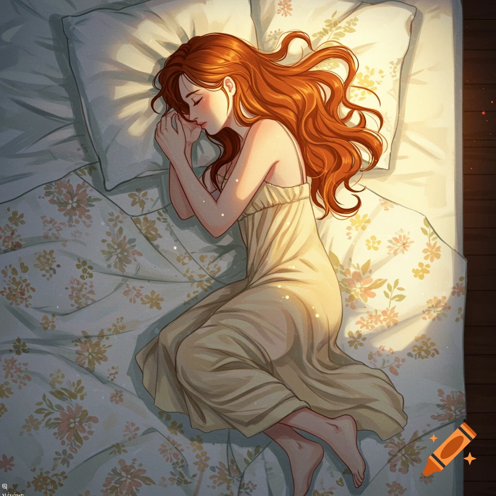 A woman with long red hair is sleeping peacefully on a floral bed.