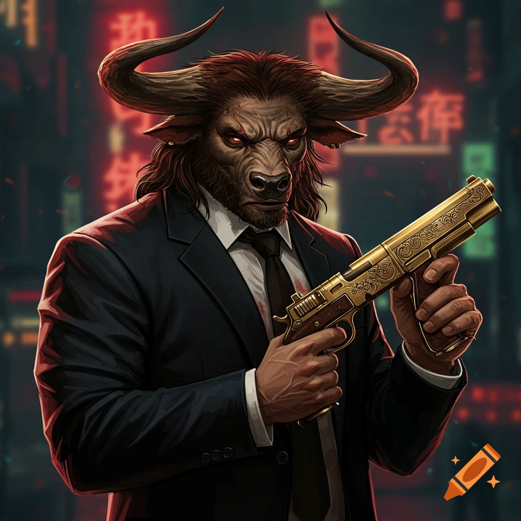 A Minotaur in a suit holding a golden gun in a city at night.