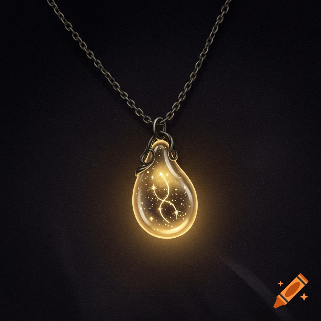 A glowing teardrop-shaped magical pendant necklace with stars and a shimmering thread inside, on a dark background.
