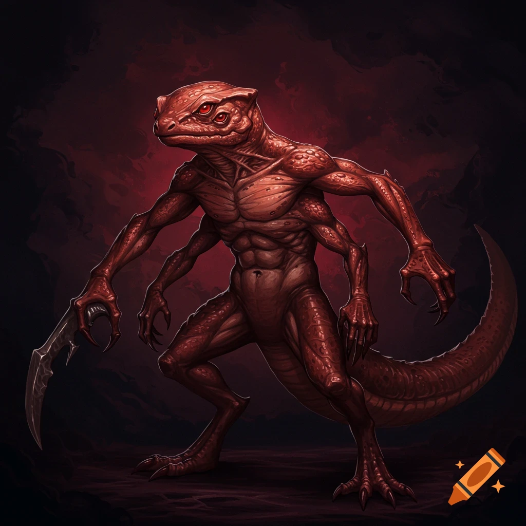 A red, bipedal salamander-like creature with four arms, six red eyes, and a clawed tail.