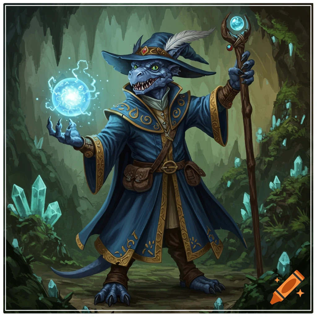 A blue kobold wizard in a robe casting a blue magic orb in a crystal cave.
