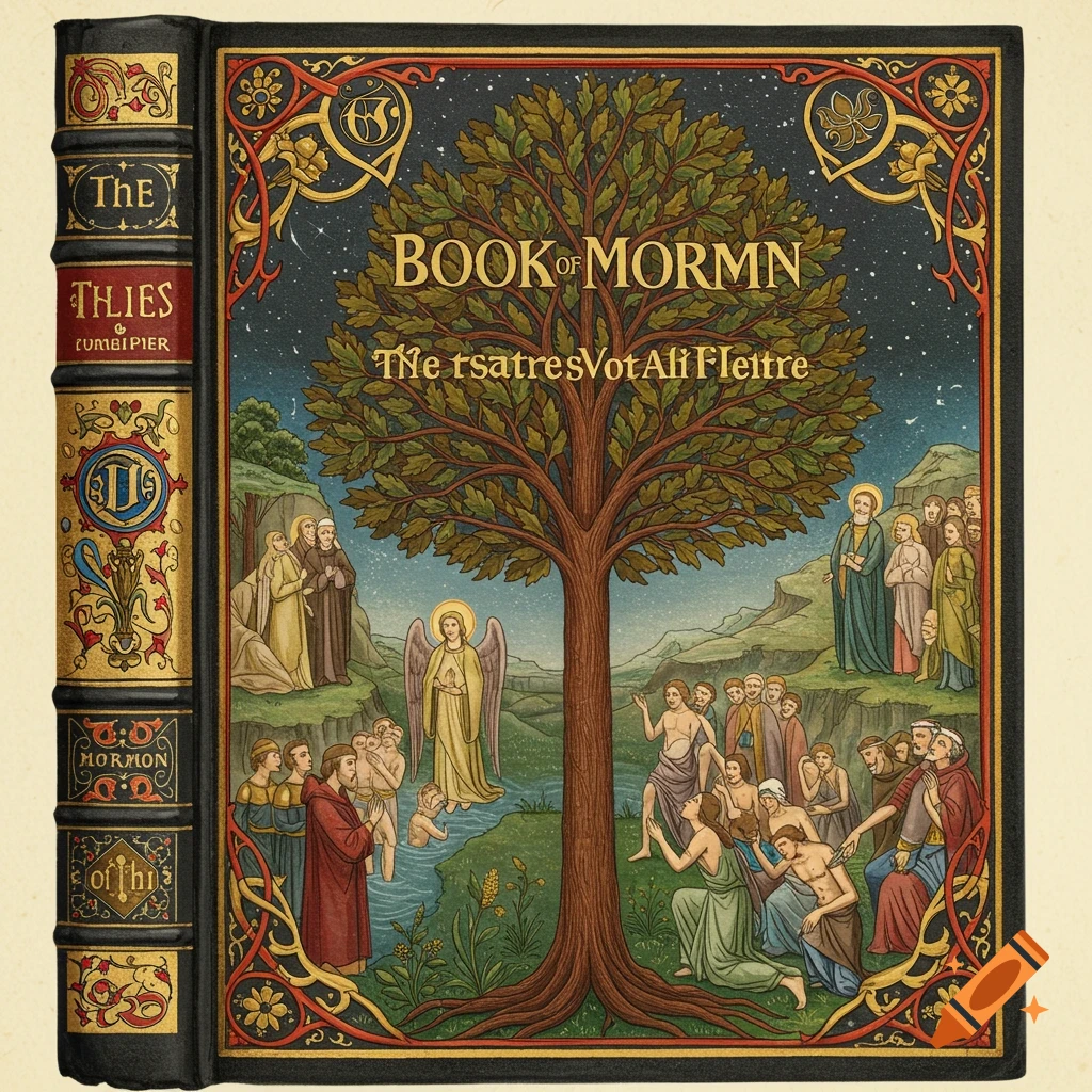 Illustration of a book cover in illuminated manuscript style depicting religious figures, a tree, and a river.