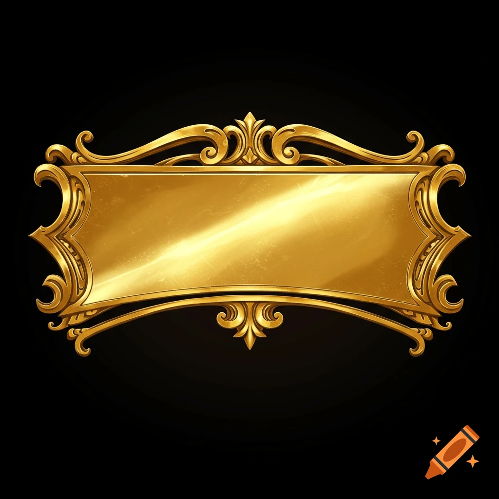 Ornate golden decorative plaque or frame on a black background.