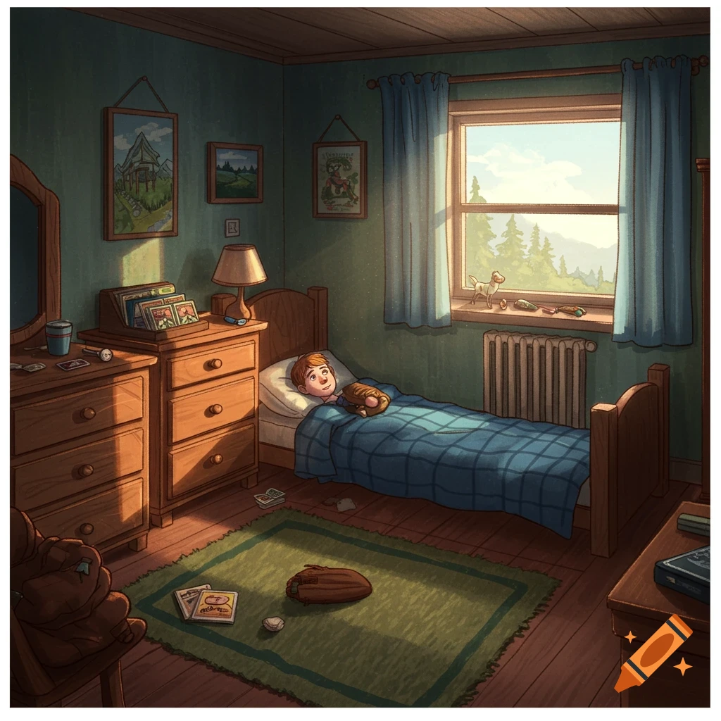 A boy lies in bed in a sunlit bedroom with baseball items.