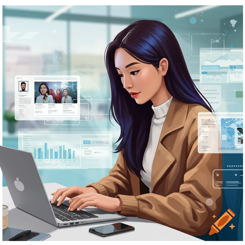 a woman working on a laptop surrounded by data screens.