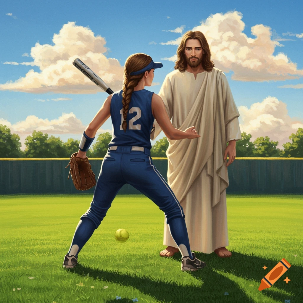 Softball player talking to Jesus on a field