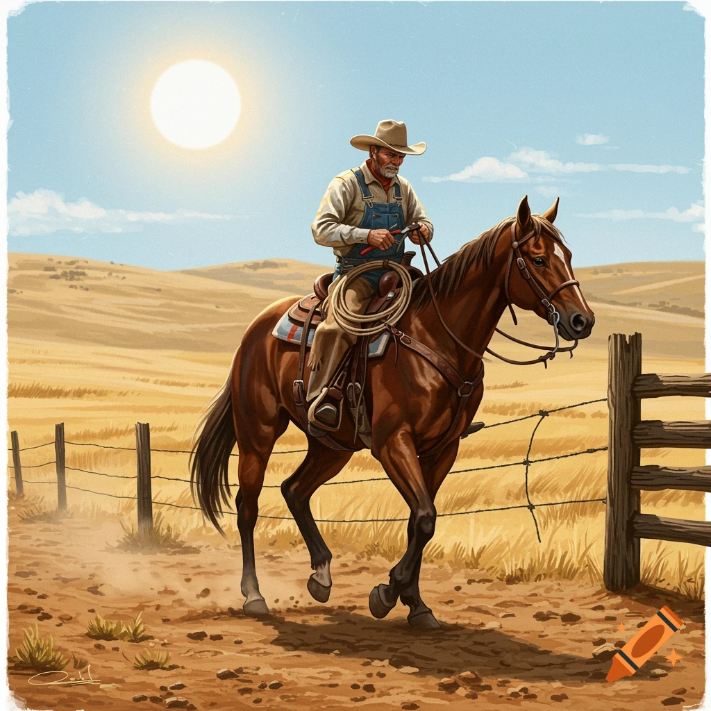 A cowboy on a horse rides past a fence in a sunny Western landscape.
