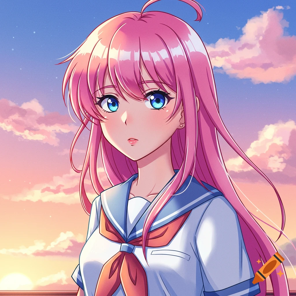 Anime girl with pink hair and blue eyes in a school uniform against a sunset sky.