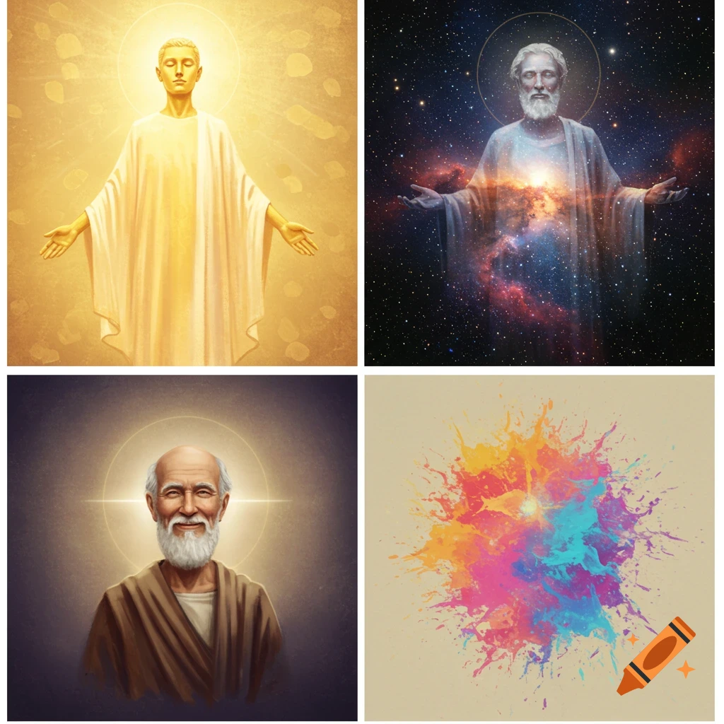 A grid of four images. Top left: A figure in white robes radiating golden light. Top right: A figure with a beard in robes against a cosmic background. Bottom left: A smiling elderly man with a white beard and halo. Bottom right: A vibrant splatter of multi-colored paint.