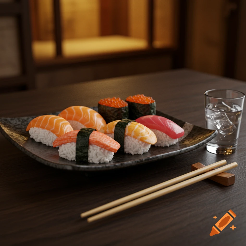 A plate of sushi with chopsticks and a glass of water on a table