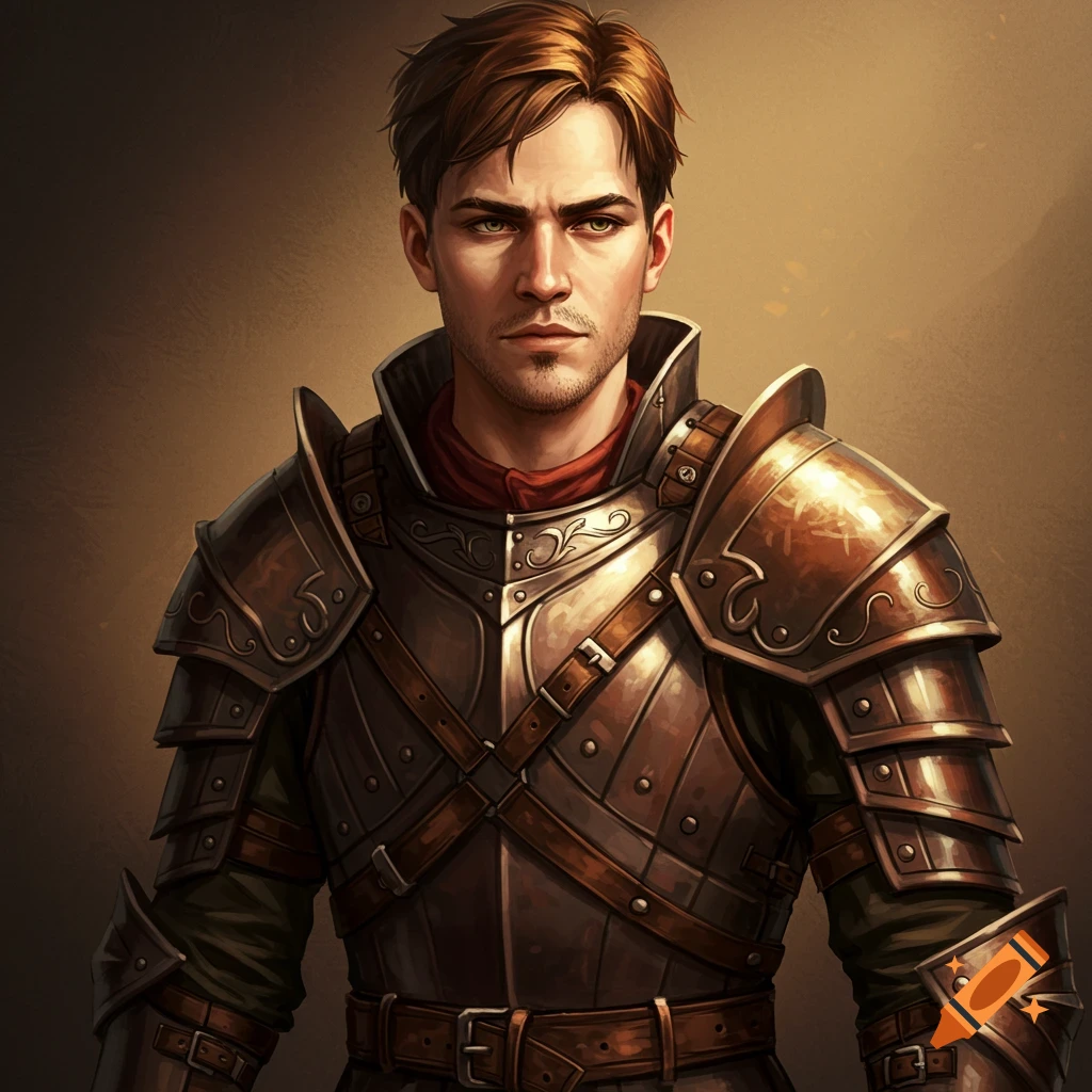 A man in ornate fantasy armor looking directly at the viewer.