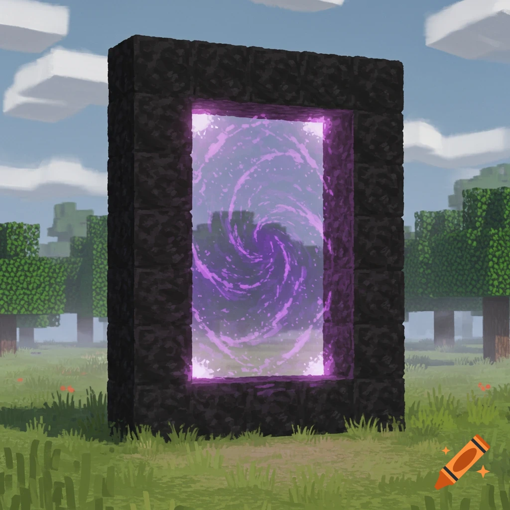 A realistic image of a Minecraft nether portal in a grassy field.