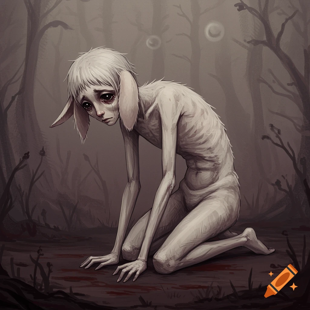 A sad, thin creature with long ears kneels in a dark, foggy forest.