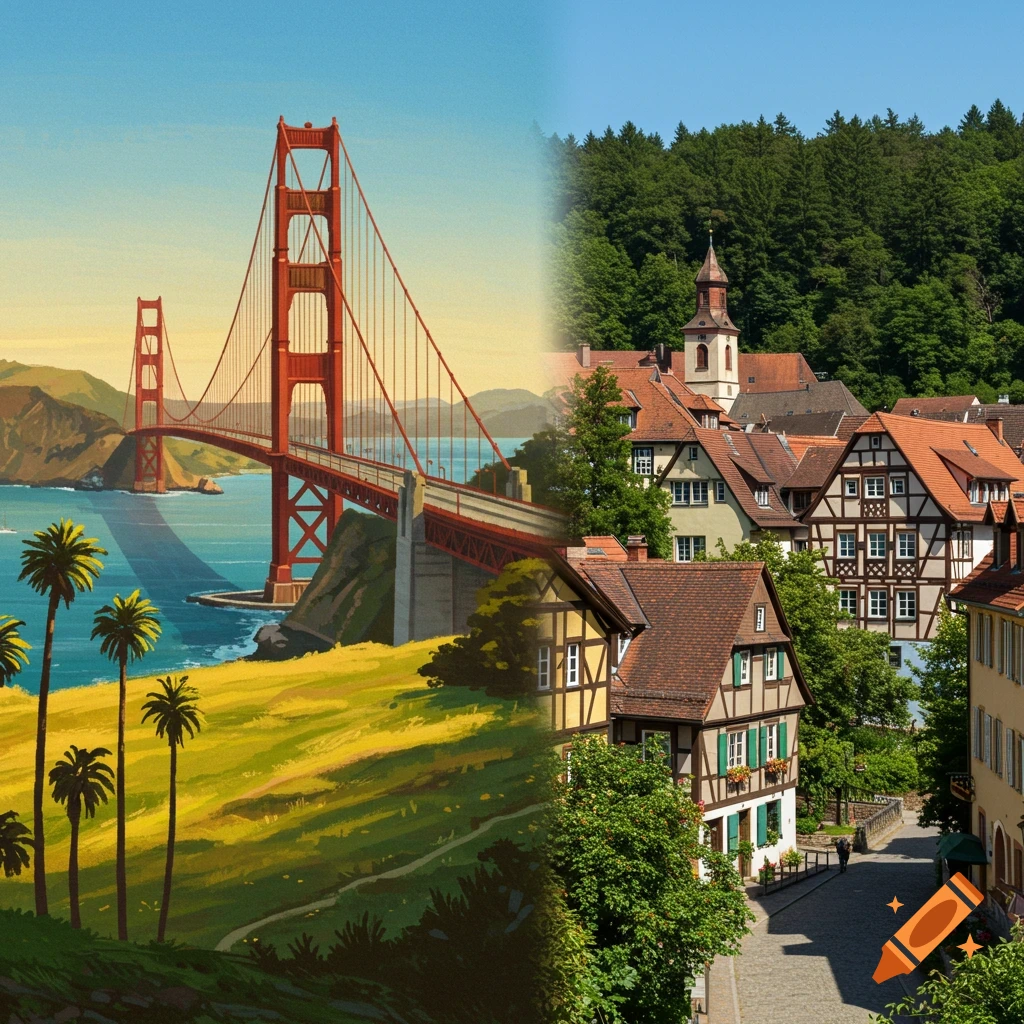 Split image of the Golden Gate Bridge and a photograph of a German town.