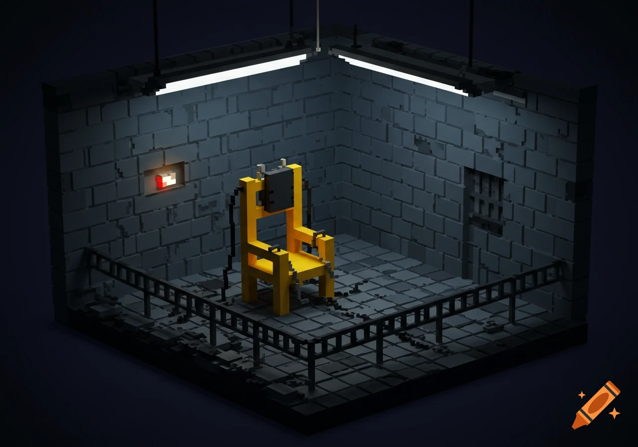 Pixel art isometric view of an empty electric chair in a dark execution chamber.