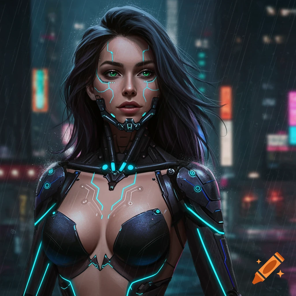 A cyberpunk woman with glowing cybernetics stands in a rainy city.