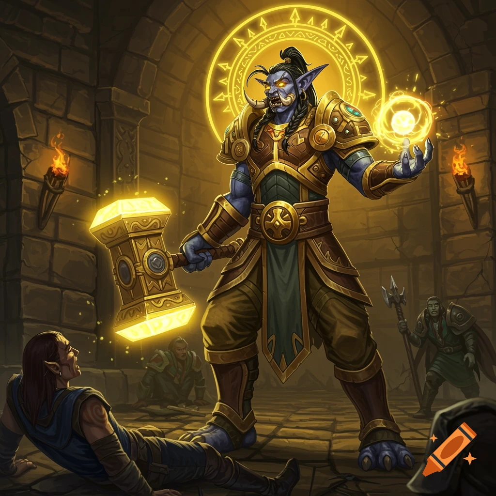 A powerful Zandalari troll paladin stands over a fallen foe in a dungeon, wielding a glowing hammer and orb of light.