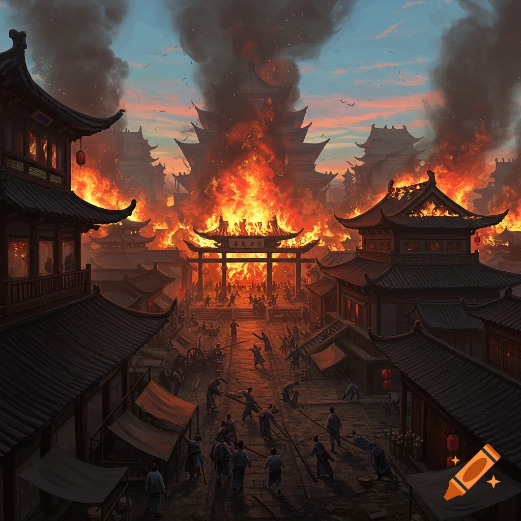 A historical Asian city is engulfed in flames, with people in the streets witnessing the destruction.