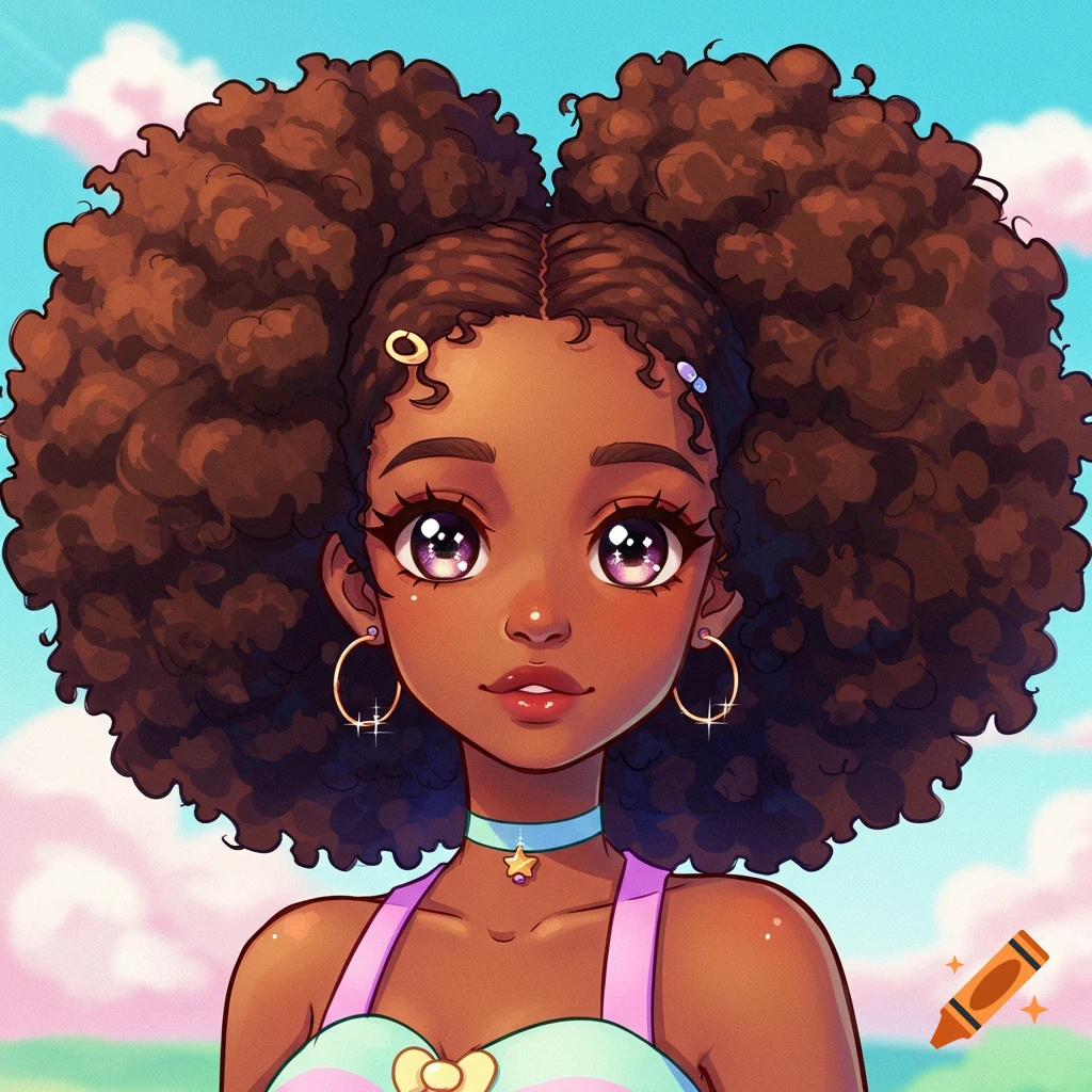 Anime style portrait of a girl with large Afro puffs and hoop earrings.