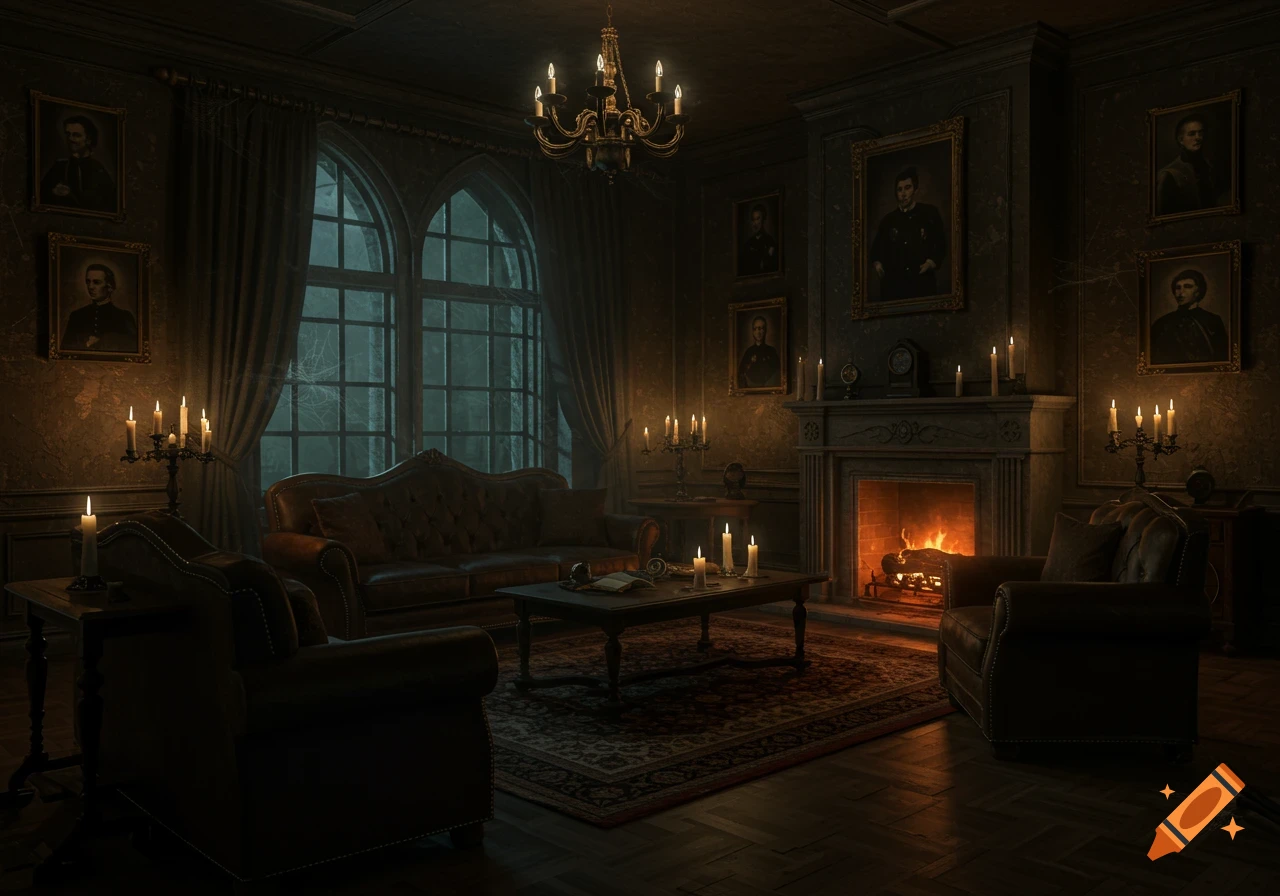 A spooky Victorian living room at night with a roaring fireplace, dark furniture, portraits, and candlelight.