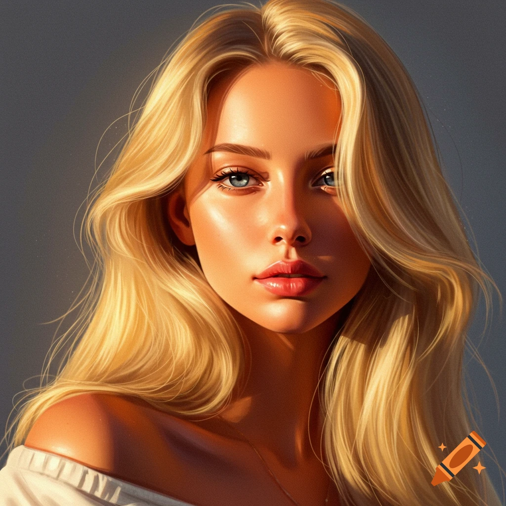A young woman with long blonde hair, blue eyes, and a white shirt, lit by sunlight.
