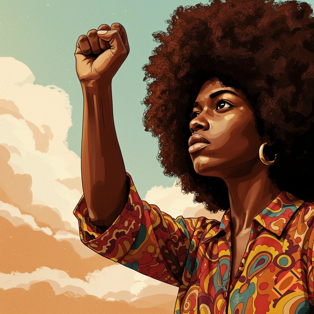 A 1960s Black woman with afro raises her fist against a cloudy sky