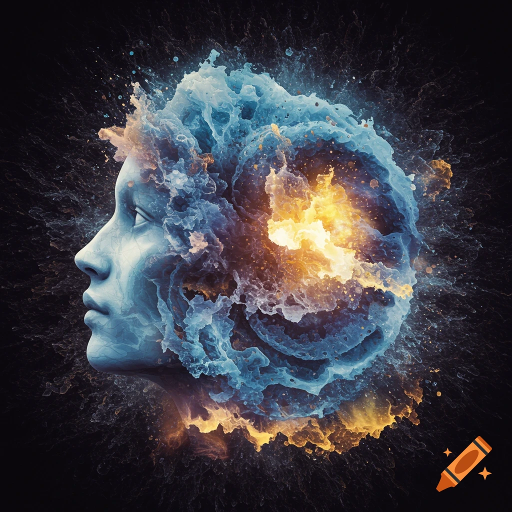 Profile of a human head dissolving into swirling blue and yellow abstract forms on a dark background.