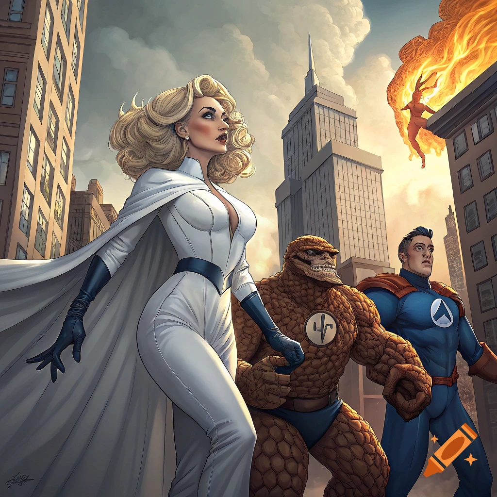 Four figures resembling superheroes, including a woman in white, a rocky figure, and a man in blue, stand in a city looking upwards, with a flaming figure flying near a building.