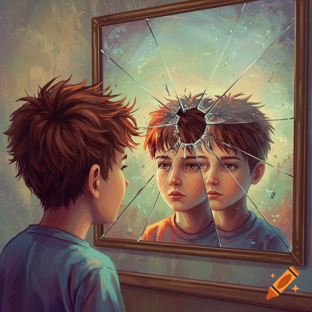 A boy looks into a broken mirror that reflects fragmented versions of his face.