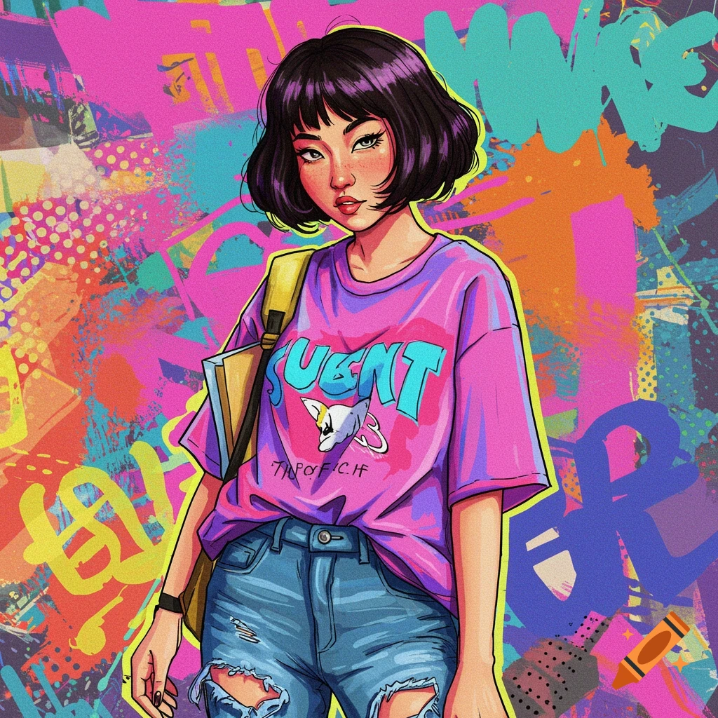 A girl with short hair wearing a graphic tee and ripped jeans is shown against a colorful graffiti background, rendered in a pop art style.