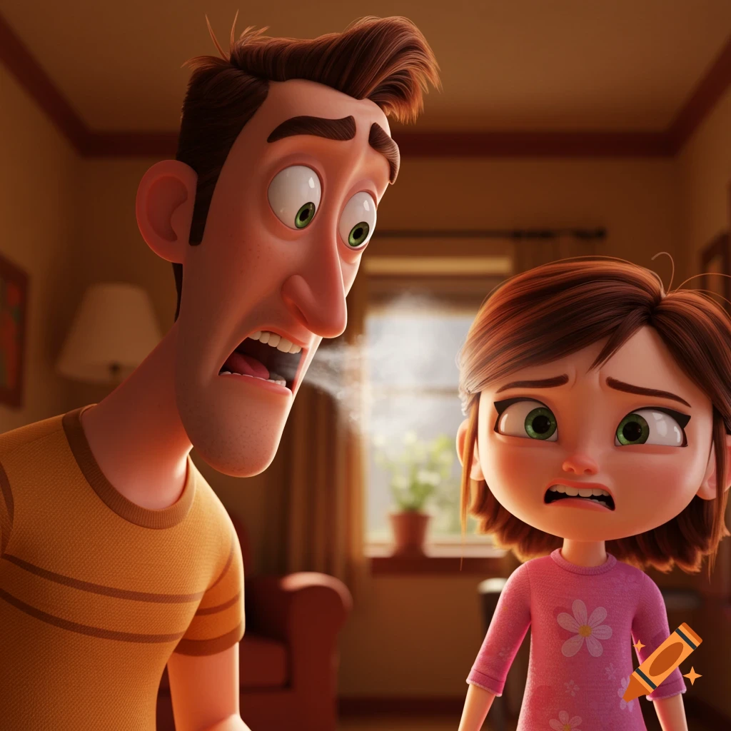 A cartoon dad sneezes, causing his daughter to look disgusted. 3D animation style.