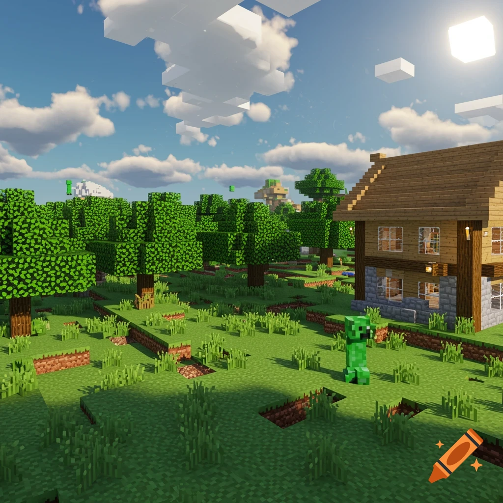 Minecraft landscape with a wooden house, trees, grass, and a creeper under a sunny sky.