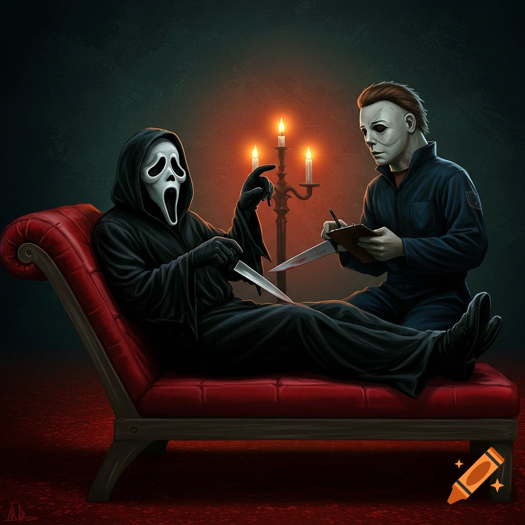 Ghostface on a red therapy couch talking to Michael Myers who is taking notes with a knife.