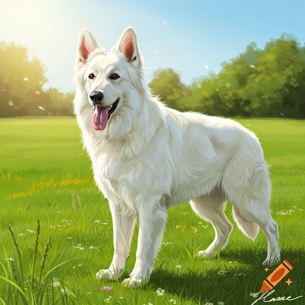A white German Shepherd standing in a sunny grassy field.