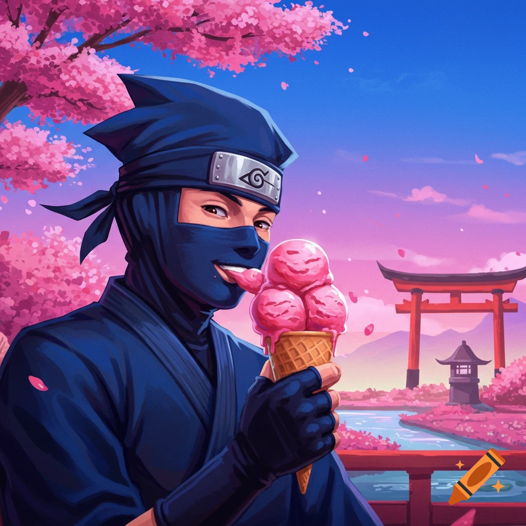 A ninja is eating pink ice cream in a cherry blossom scene with a torii gate.