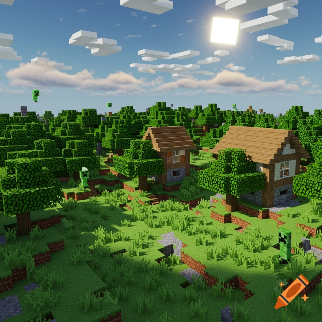 A pixelated Minecraft landscape with two houses, trees, grass, clouds, and creepers under a bright sun.