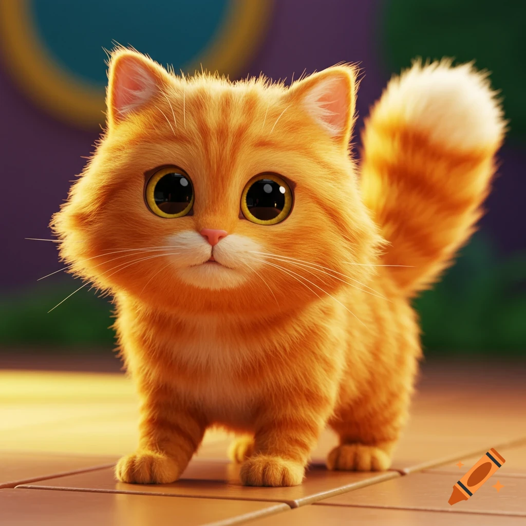 A fluffy orange kitten with big eyes stands on a tiled floor in a Pixar style.