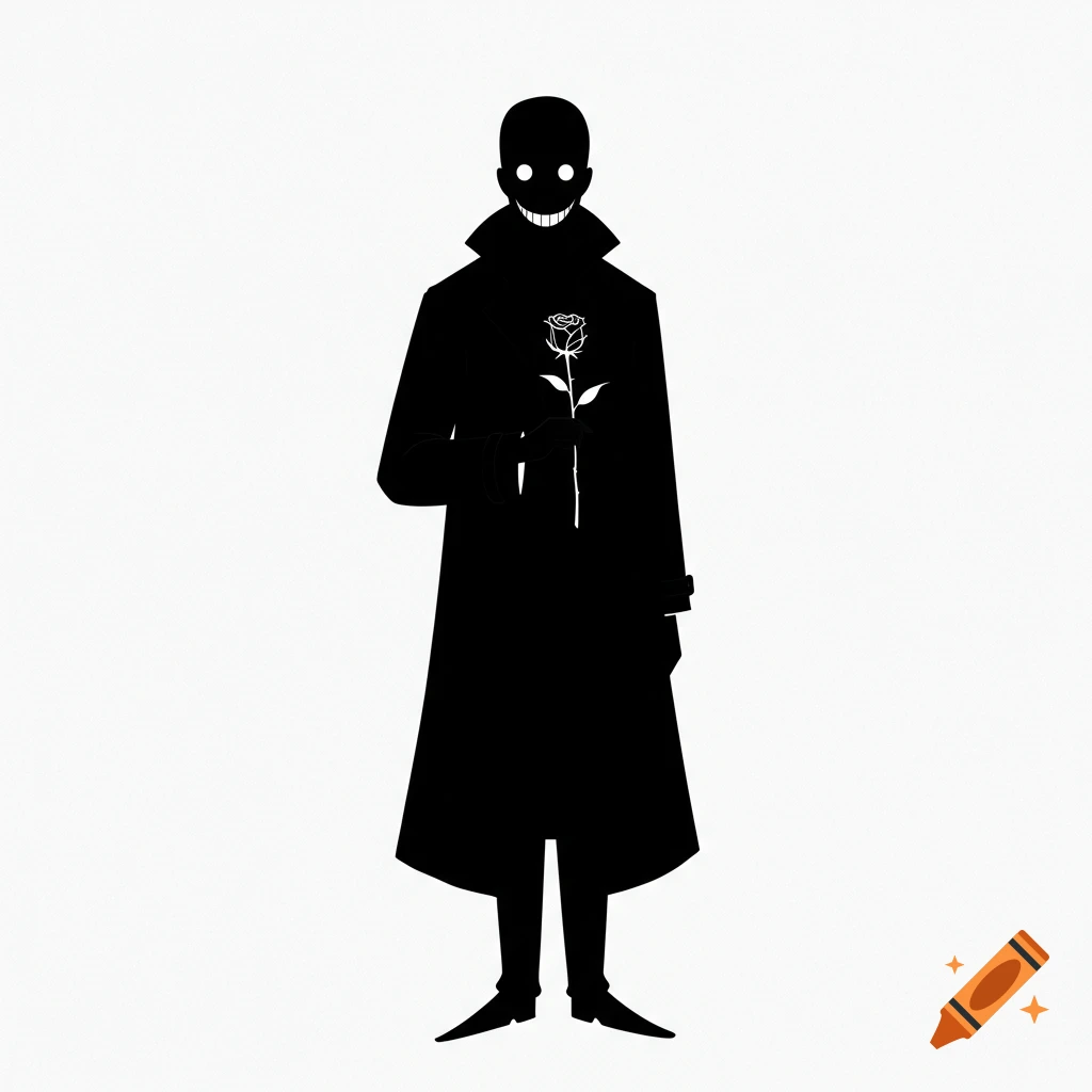 Cartoon silhouette of a creepy figure in a trench coat holding a rose.