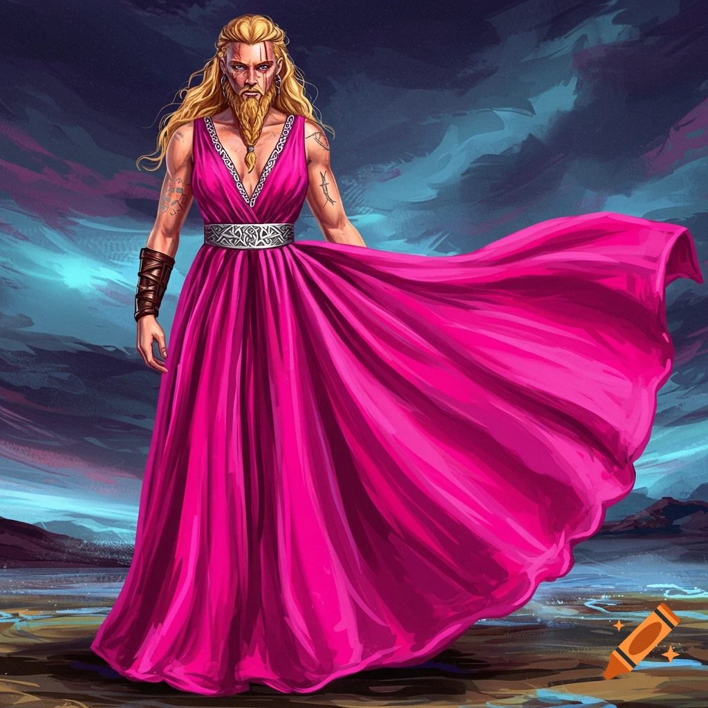 A muscular bearded man in a pink dress stands in a dramatic landscape.