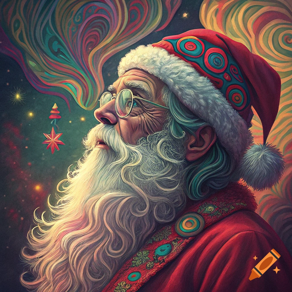 Psychedelic art portrait of Santa Claus looking up at colorful swirling patterns