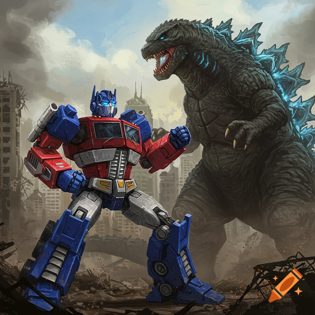 Optimus Prime fighting Godzilla in a ruined city.