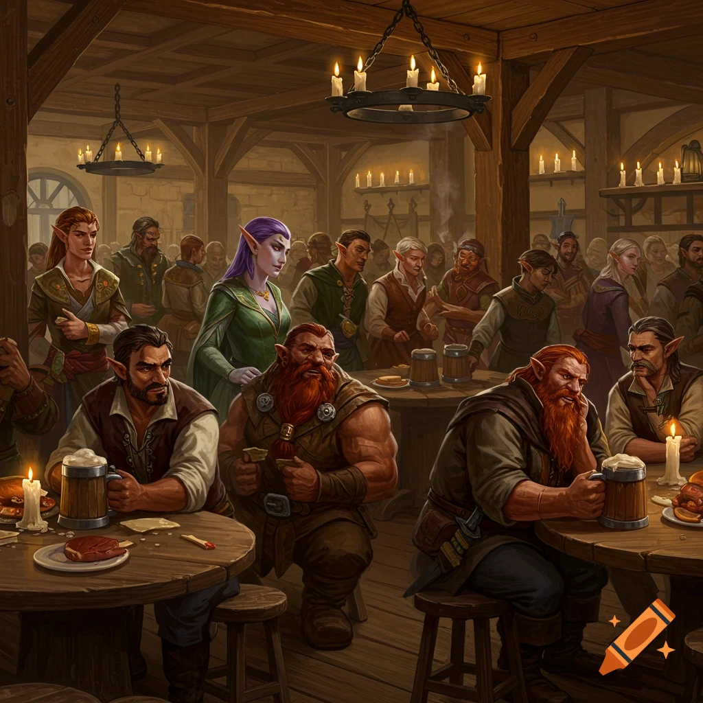 A crowded fantasy tavern scene with humans, elves, and dwarves.